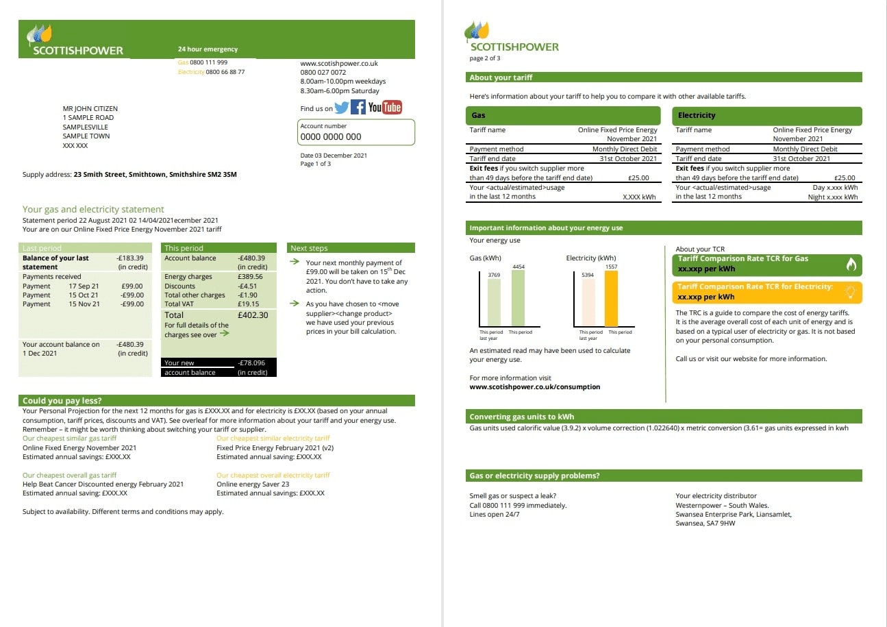 USA ScottishPower utility bill template in Word and PDF format (3 pages) 1 2